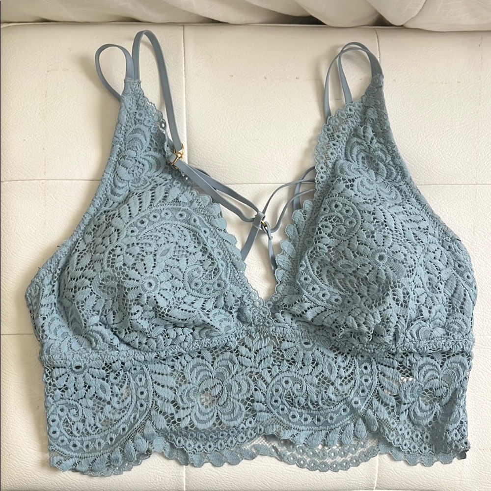 Aerie Blue Lace Bra with Scalloped Edges